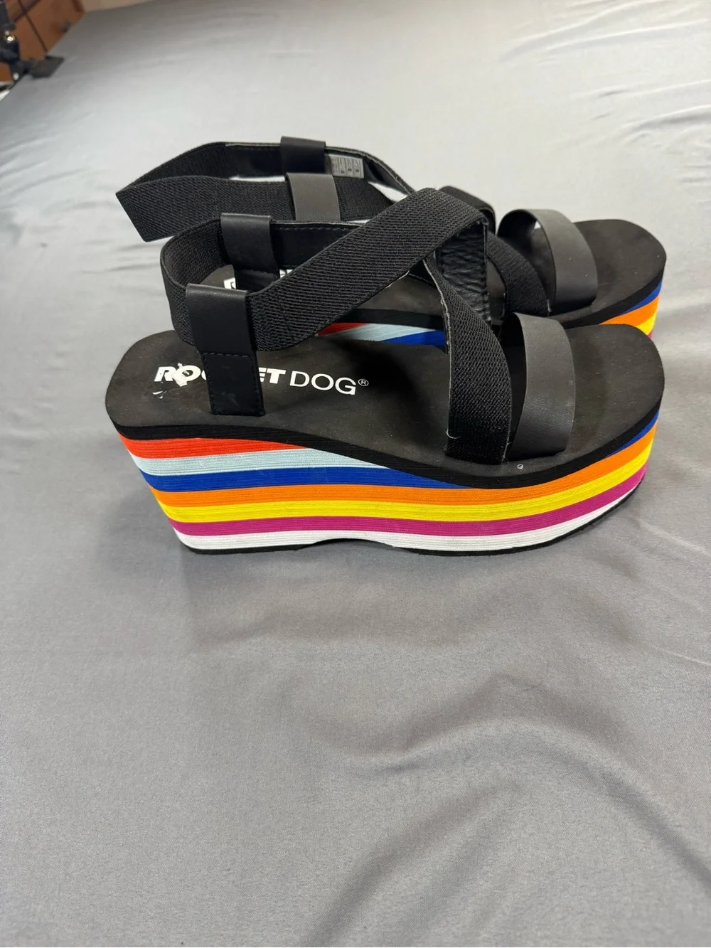 Rocket Dog Black Strappy Platform Sandals with Rainbow Stripes